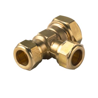 Messing kompressions T-stykke med dimensionerne 12 x 15 x 12 mm, vist på hvid baggrund med 90 graders afgrening.