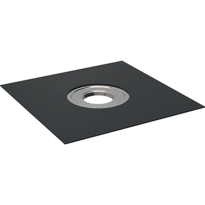 Geberit Pluvia perforert tilkoblingsbeslag med bitumenbane, vist som en svart kvadratisk plate med metallring rundt åpningen.
