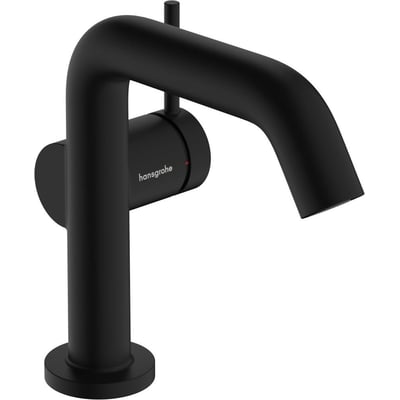 Hansgrohe Tecturis S 110 Fine håndvaskarmatur i mat sort med ét greb og push-open bundventil på hvid baggrund.