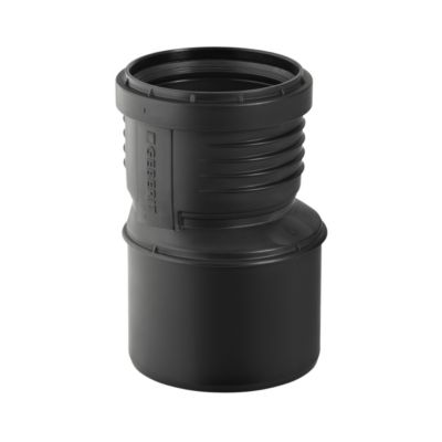 Geberit Silent PP reduktion med dimensionerne 90 x 75 mm i sort polypropylen, designet til lydisolering i afløbssystemer.