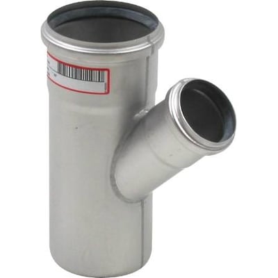 Blücher EuroPipe grenrør 45 grader i rustfrit stål AISI 304 med dimensioner Ø82 x Ø50 mm, vist mod hvid baggrund.