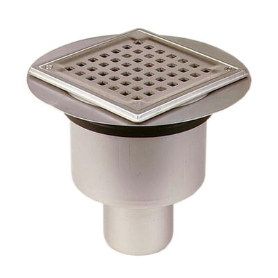 Blücher Square gulvafløb set fra siden, fremhæver den lodrette Ø110 mm udløb og konstruktionen i rustfrit stål.