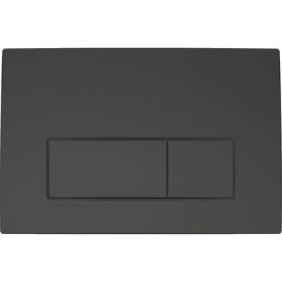 Nærbillede af Geberit Delta50 betjeningsplade i matsort, der viser de to trykknapper til dobbeltskyl.