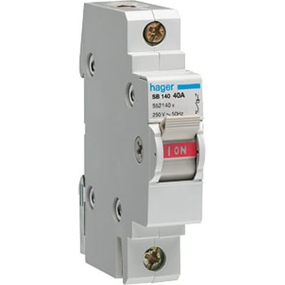 Hager 1-polet afbryder på 25A med grøn/rød I/ON-indikator, vist på hvid baggrund.