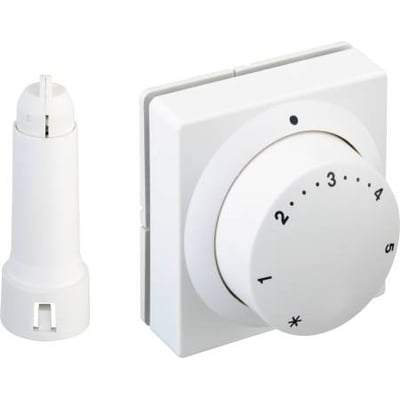 Danfoss RA 5062 fjernindstillings termostat med indbygget føler og 2 meter kapillærrør, hvid, vist med den separate føler ved siden af.