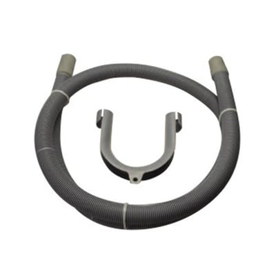 Detaljeret billede af NEOPERL afløbsslange med gummimuffer og ophængsbøjle på hvid baggrund.
