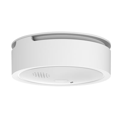 Shelly Plus Smoke Alarm, en hvid, rund WiFi-røgalarm på batteri, vist isoleret på en hvid baggrund.