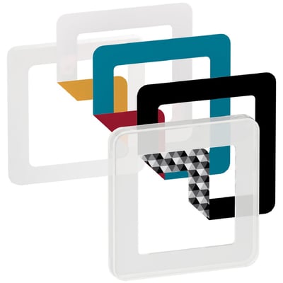 LK FUGA Choice designramme med 1 modul i transparent plast med forskellige farveindlæg som blå, sort og gul.