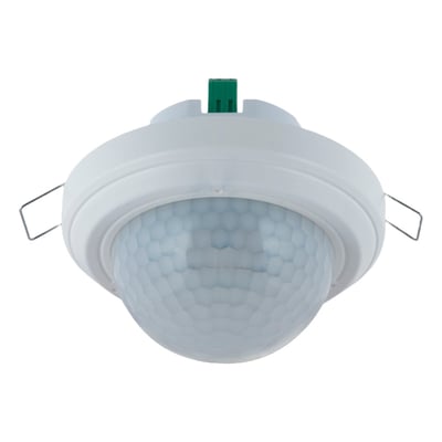 Carlo Gavazzi SHQP360L7M bevegelsessensor for innfelling med rund, fasettert sensorlinse og grønn tilkobling.