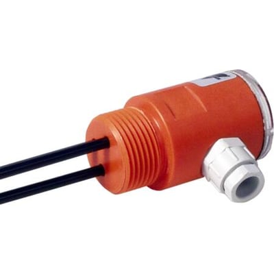 Carlo Gavazzi VPP3-1,0 niveauføler med orange plastikhus, to 0,5m elektroder og hvid kabelforskruning på hvid baggrund.