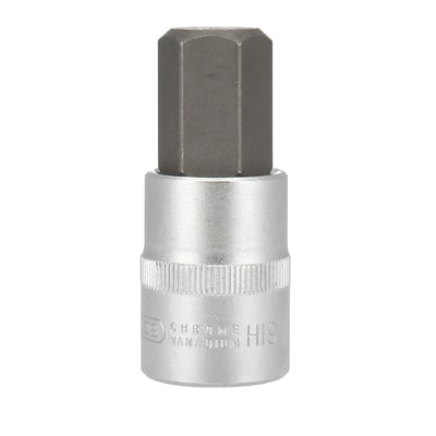 Tecos kort 1/2-tommers bitstop med mørk sekskantbit og riflet sølvfarget topp, størrelse 19 x 65 mm.