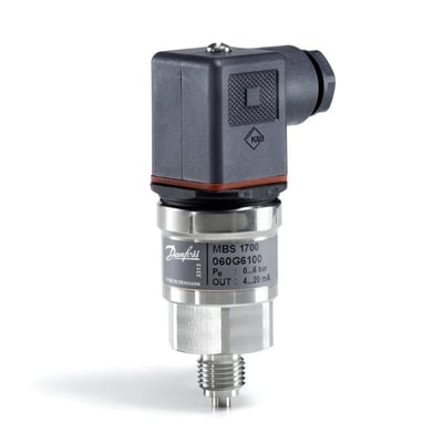 Danfoss MBS 1700 tryktransmitter med 1/2" tilslutning og 0-25 bar måleområde, mærket 'MADE IN DENMARK'.