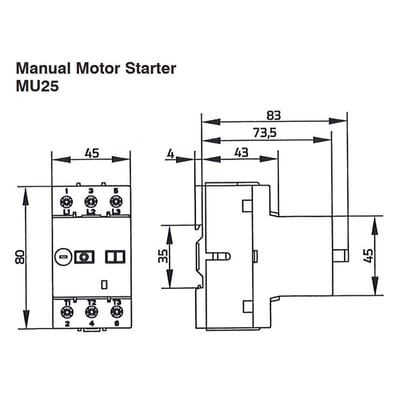 Teknisk tegning af Benedict håndbetjent motorværn MU25 med dimensioner i mm for bredde, højde og dybde.