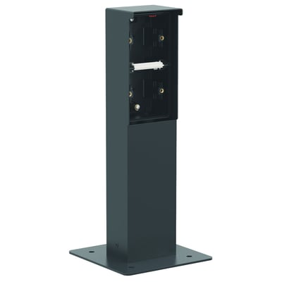 Niko Hydro stikkontaktsøjle i sort, 240mm høj, med synlig montageflange og plads til to moduler på hvid baggrund.