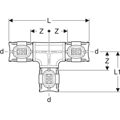 Teknisk tegning af Geberit FlowFit T-stykke lige med dimensioner for 20 mm PPSU rør.