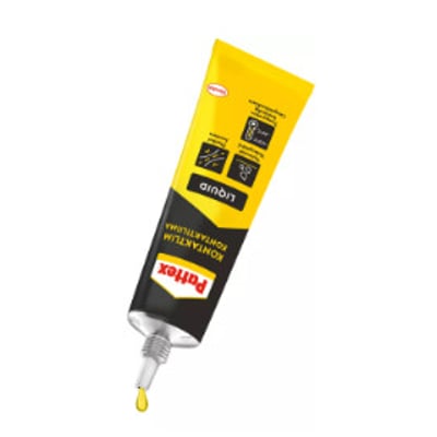 Pattex kontaktlim Liquid i en gul og sort tube på 50g, med en dråbe lim på spidsen, klar til brug.