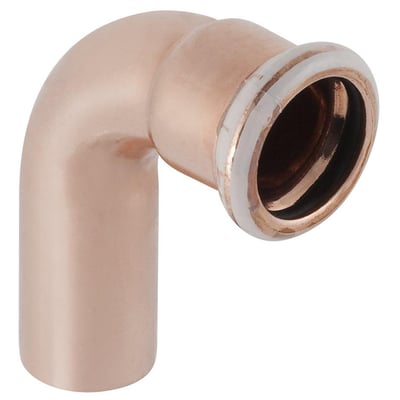 Geberit Mapress 90 graders kobberbøjning med muffe og nippel til 22 mm rør på hvid baggrund.