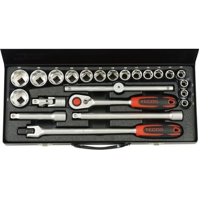 Tecos 1/2" T-1224M topnøglesæt med 24 Superlock toppe i et robust metaletui med skumindlæg og synlige størrelsesmarkeringer.