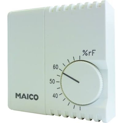 Maico Ventilatoren hygrostat HY230 i hvid plast, med drejeknap for indstilling af luftfugtighed fra 20-80% RH.