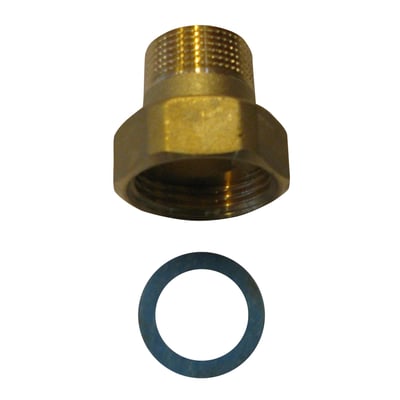 Danfoss gevindnippel i messing med 3/4" omløber og 1/2" nippel, sammen med en blå pakning på hvid baggrund.