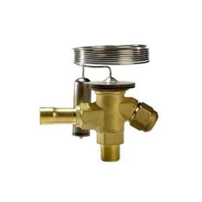 Danfoss TN2 termoventil for R134a med flare-tilkoblinger og opprullet kapillarrør, sett forfra.