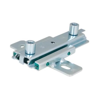 Walraven dobbel glideforbinder M10/M12 sett skrått med to parallelle skinner, gjengestusser og monteringsfliker.