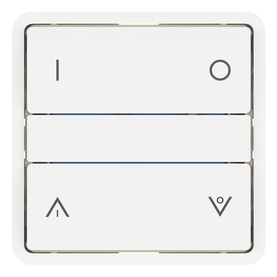 Shelly 4-key Switch ST med LK FUGA-design og svagstrømstangent i hvid, viser fire trykflader med ikoner for on/off, op og ned.