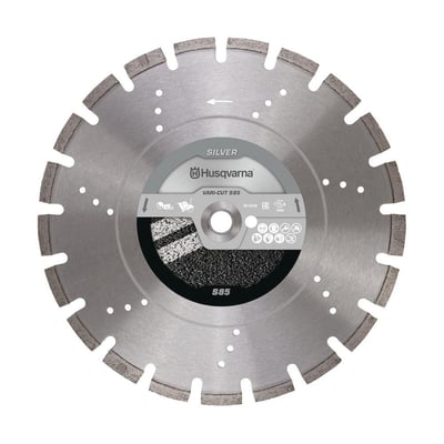 Husqvarna Vari-Cut S85 diamantklinge på 350mm, optimeret til asfalt med sølvserie mærke og diverse certificeringsikoner.