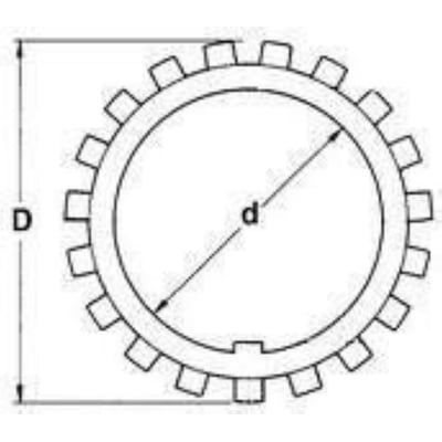 SKF MB 15 låseskive, en tegning der viser ydre diameter D og indre diameter d, med tænder langs kanten.