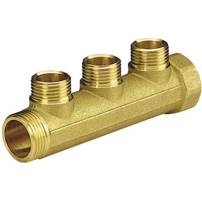 Pettinaroli messing fordelerrør med 3/4" hovedtilslutning og tre 1/2" afgreninger til vand- og varmesystemer.