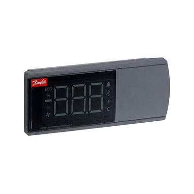 Danfoss AK-UI55 Info fjernbetjent display med sort skærm og grå kappe, vist på hvid baggrund.