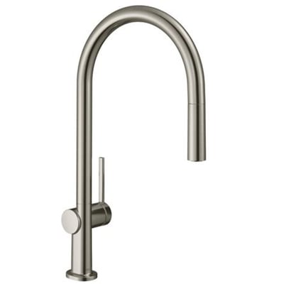 Hansgrohe Talis M54 210 køkkenarmatur med udtrækstud i børstet rustfri stål, C-tud og 1-grebs betjening.