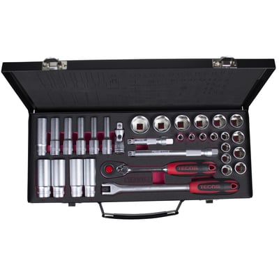 Tecos 3/8" topnøglesæt med 39 dele, inklusive korte og lange Superlock toppe i en åben sort metalkuffert.