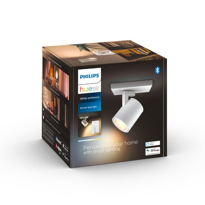 Pakke med Philips Hue Runner spotlampe i hvid, med White Ambiance teknologi og inkluderet Dimmer Switch.