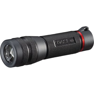 Coast GX10 vandtæt lommelygte med fokus, mørkegrå med tekstureret greb og en rød detaljering. Produktet er vist på en hvid baggrund.
