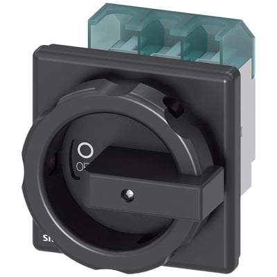 Siemens Sentron 3-polet hovedbryter på 63 A med svart, dreibar betjening og synlige tilkoblinger.
