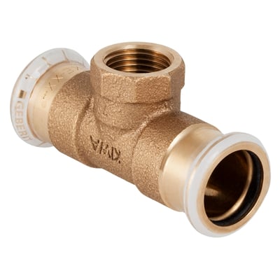 Geberit Mapress T-rør i kobber, 22 mm x ½" x 22 mm, sett skrått med gjenget åpning øverst.