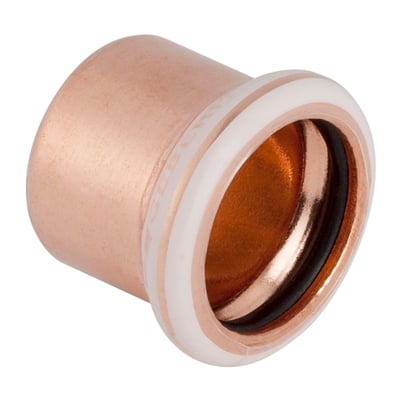 Geberit Mapress slutmuffe i kobber, 28 mm, set skråt med den åbne ende og sorte tætningsring synlig.