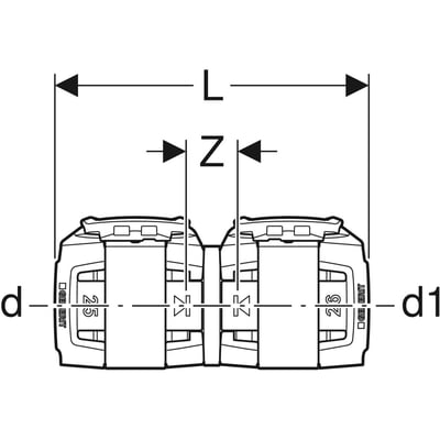 Teknisk tegning af Geberit FlowFit overgangsstykke 50mm, der viser dimensionerne 'd', 'd1', 'L' og 'Z'.