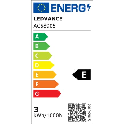 Energimerket for Ledvance LED PIN matt G9-pære viser energiklasse E og et forbruk på 3 kWh per 1 000 timer.