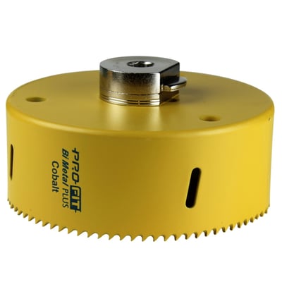 PRO-FIT ProFit Plus Cobalt hulsav med integreret adapter, 92 mm diameter, gul med skarpe BiMetal tænder og mærkeangivelse.