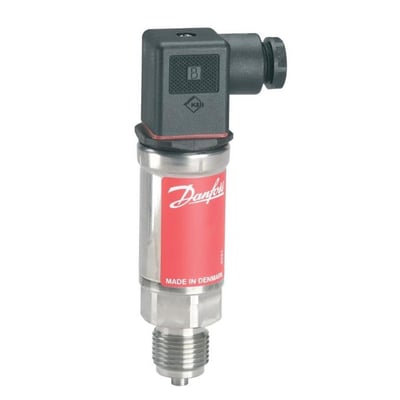 Danfoss MBS 33 tryktransmitter, viser siden med 'Made in Denmark' og et B/K&B mærke på den sorte stikboks.