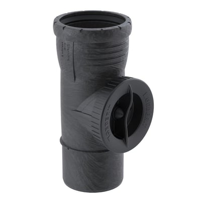 Geberit Silent-Pro renserør, 50 mm i diameter, fremstillet af sort PP MX materiale, med synlig Geberit logo.