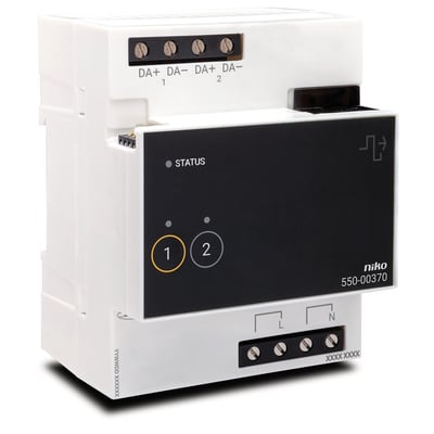 Niko DALI-2 Addressable interface modul 550-00370 med to DALI-kanaler og statusindikatorer.