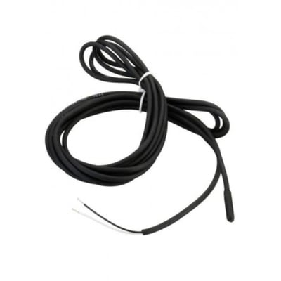 Danfoss Icon gulvsensor i sort med 3 meter ledning og hvid/sorte tilslutningsledninger på hvid baggrund.