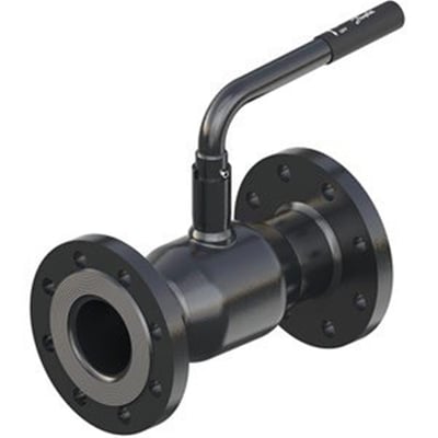 Danfoss kuglehane DN 80 PN16 med høj spindel og sort stålgreb, vist fra siden med flange-tilslutninger.