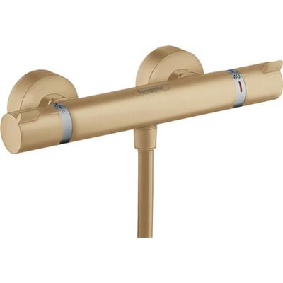 Hansgrohe Ecostat Comfort brusearmatur i børstet bronze, vist frontalt med tydelige markeringer for temperatur og greb.
