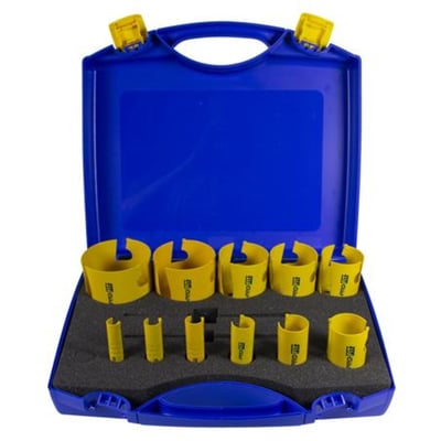 PRO-FIT Multi Purpose HM hulsav EL-sæt med 8 dele, åbent blåt kuffert med gul indretning, der viser de 5 forskellige hulsave og 3 centerbor.