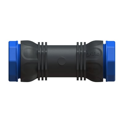 Isiflo Ecoline reparasjonsmuffe i kompositt, 32 mm PN16, sett rett fra siden med blå endestykker.