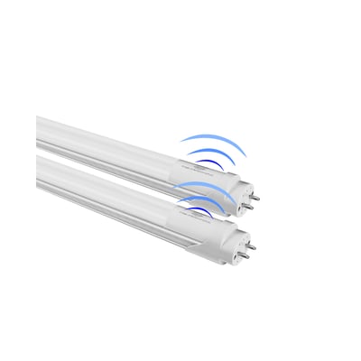 LEDlife SENS120M T8 LED-rør med G13-sokkel og mikrobølgesensor, vist på skrå med blå bølger, 18 W og 4000 K.